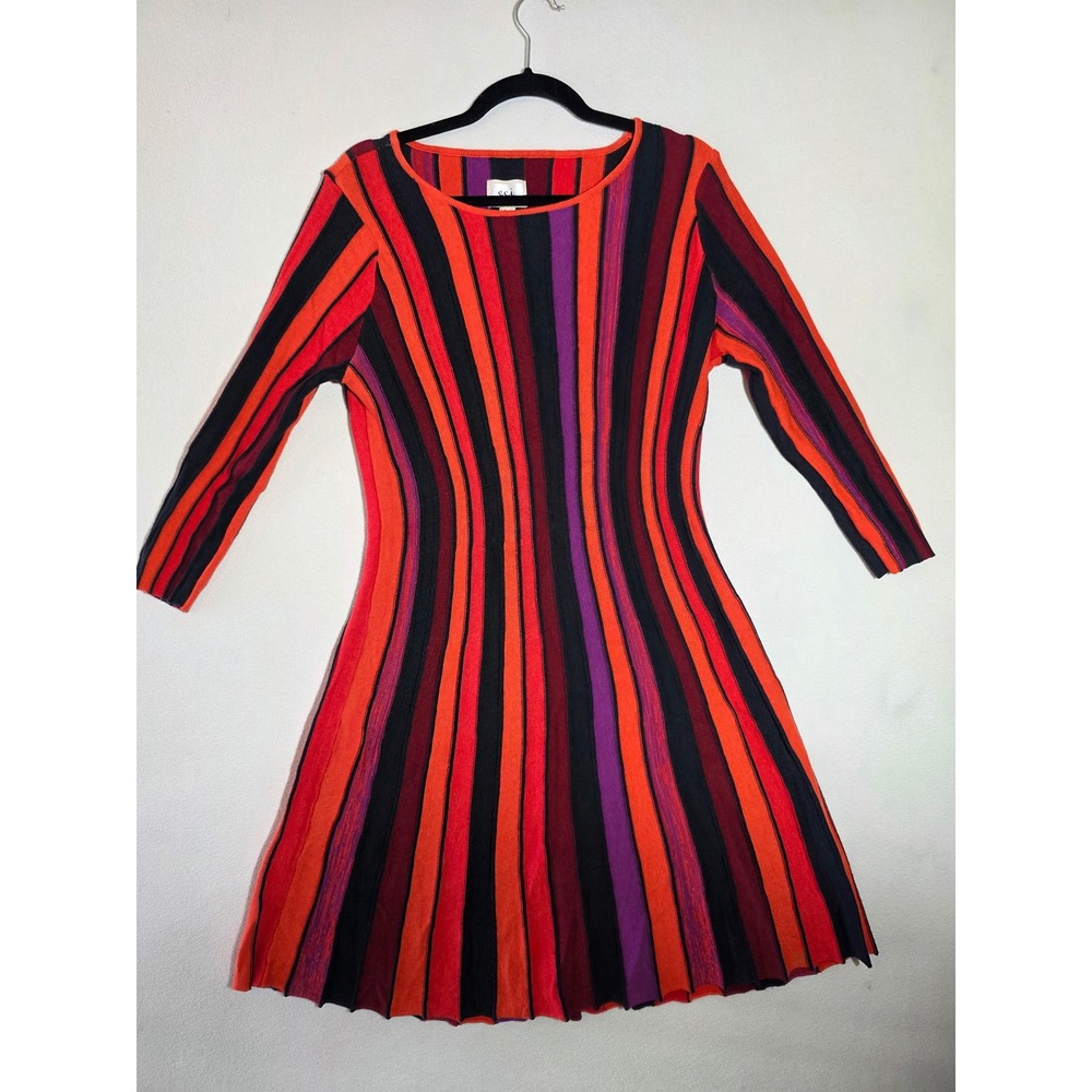 ECI New York Womens Large Red Purple Striped Knit Fit & Flare Sweater Dress L
